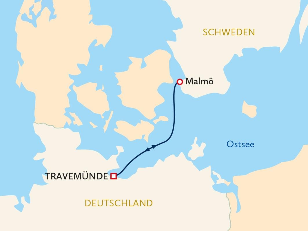 Karte zeigt Route von Travemünde, Deutschland nach Malmö, Schweden über die Ostsee.