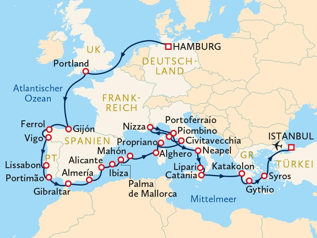 Kreuzfahrt-Routenkarte mit Stationen in Europa und Mittelmeer, Start in Hamburg.