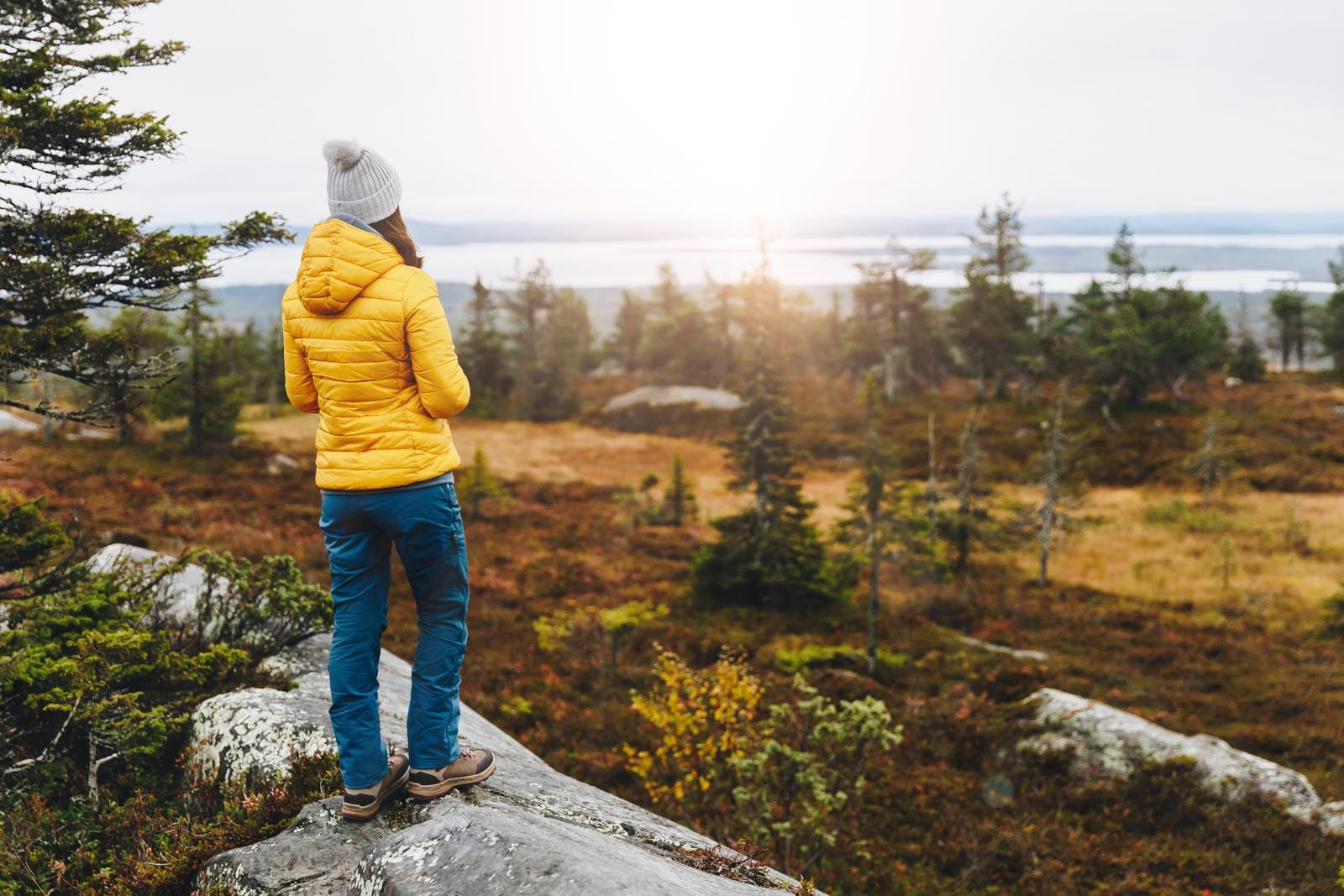 Person in gelber Jacke blickt auf herbstliche Waldlandschaft bei Sonnenuntergang.