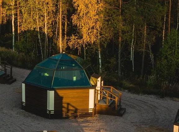 Sechseckige Glashütte im Wald bei Abenddämmerung, umgeben von Herbstbäumen.