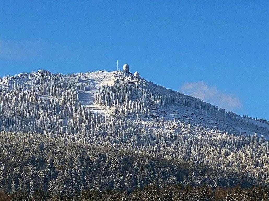 Verschneiter Berggipfel im Bayerischen Wald, Deutschland, unter klarem blauen Himmel.