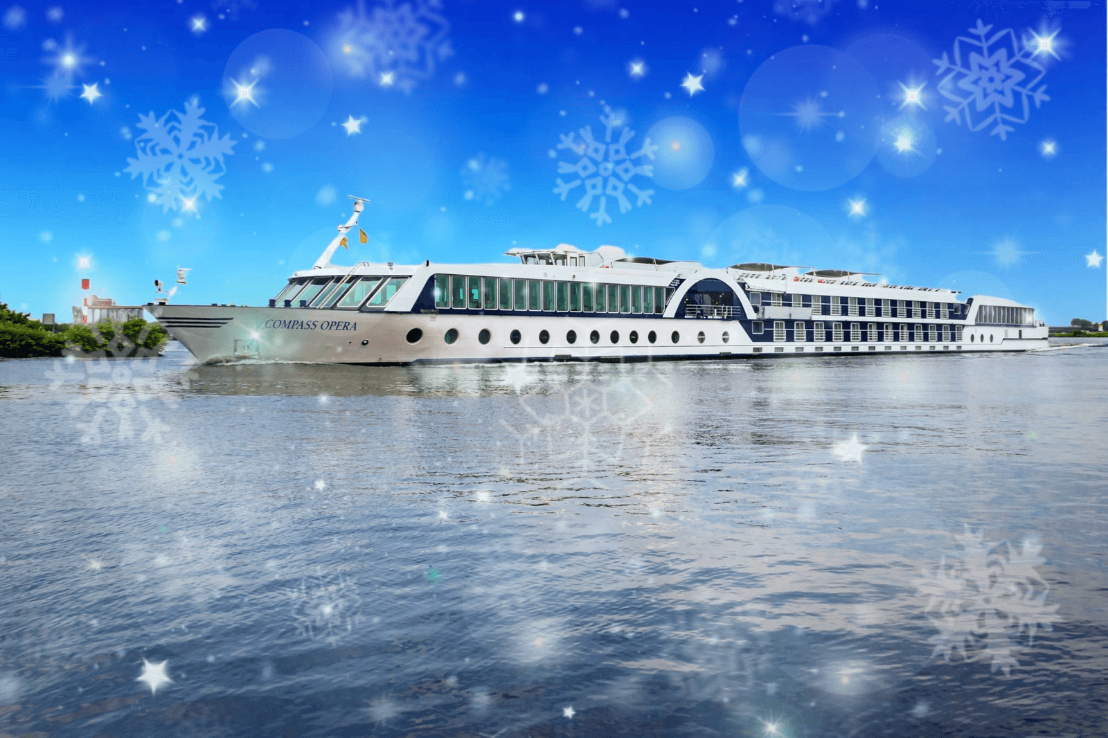 Kreuzfahrtschiff auf Fluss mit Schneeflockengrafiken und blauem Himmel.