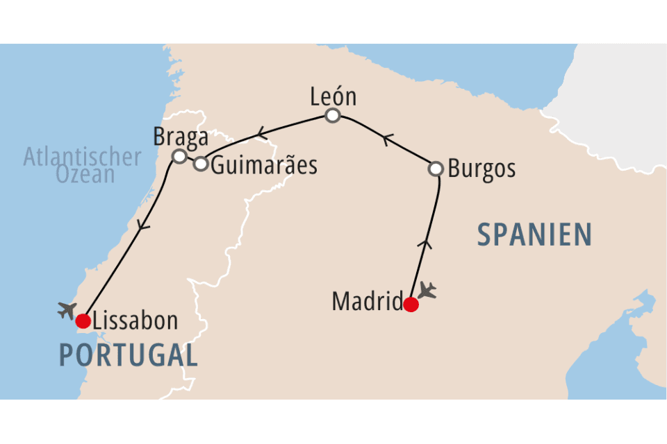 Reiseroute durch Portugal und Spanien: Lissabon, Braga, Guimarães, León, Burgos, Madrid.