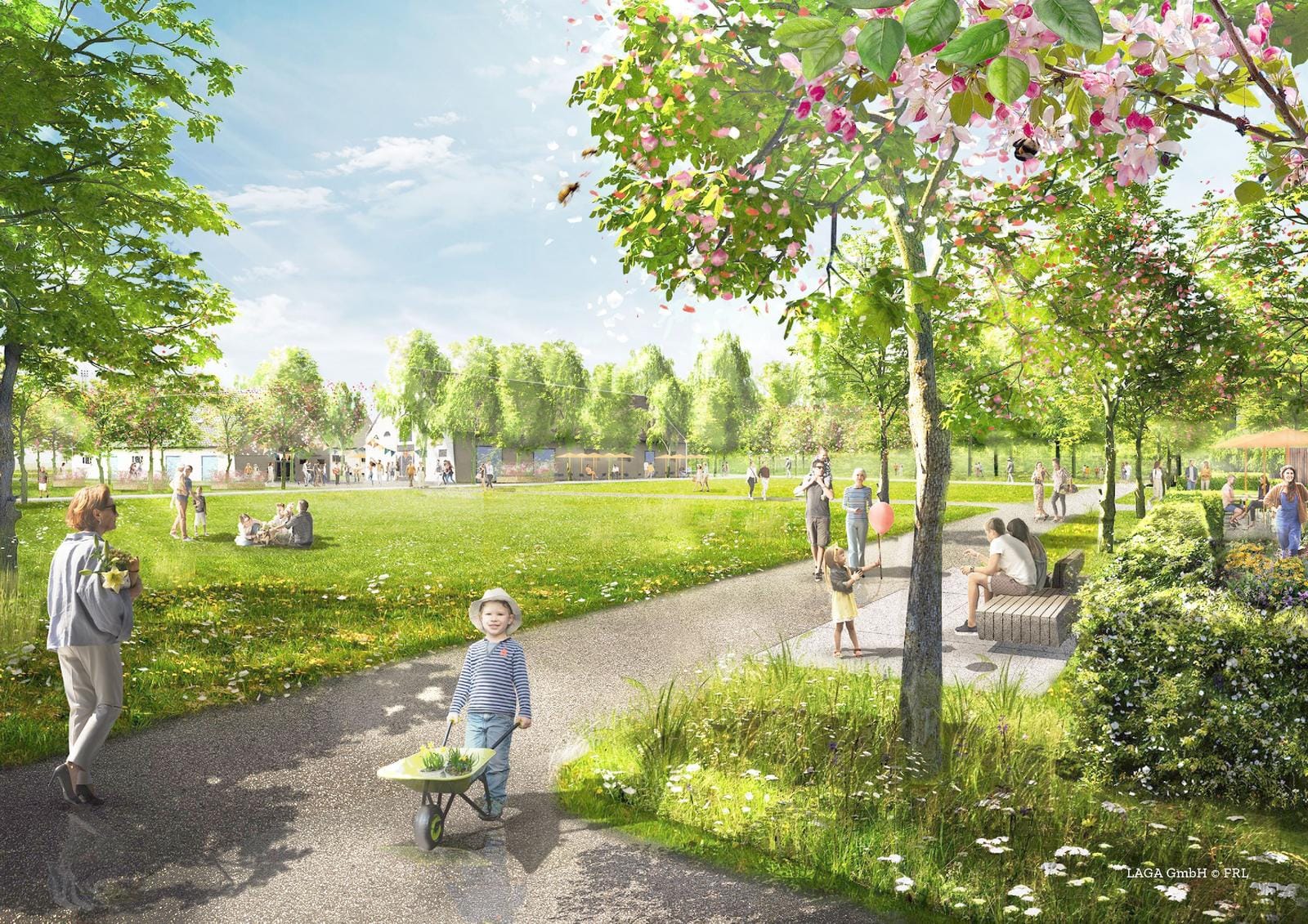 Blühender Park mit Spaziergängern, Kind mit Schubkarre, Frühlingstag, bunte Bäume.