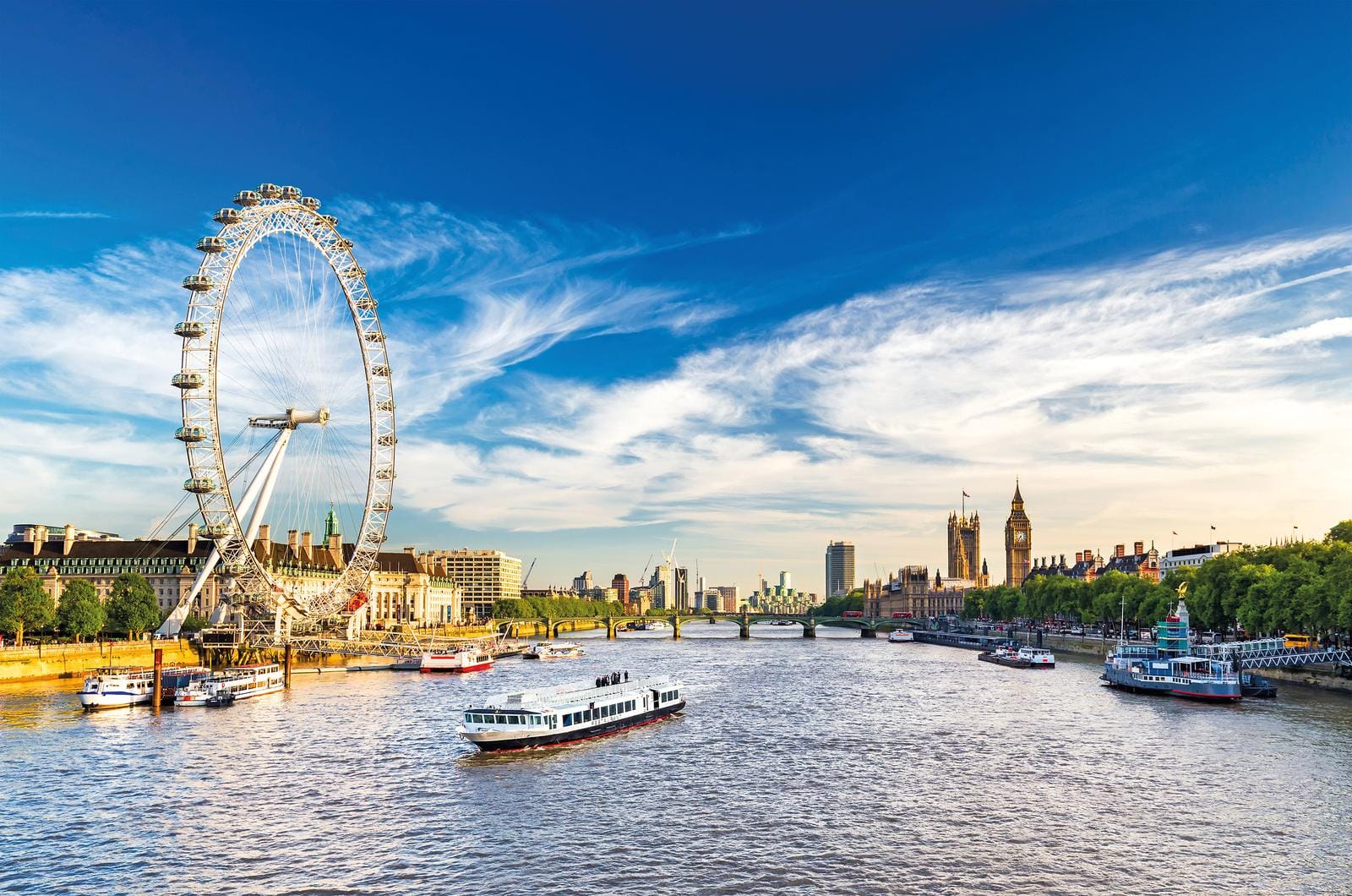 London mit der Themse, dem London Eye und der Skyline, ein perfekter Urlaubstag in England.