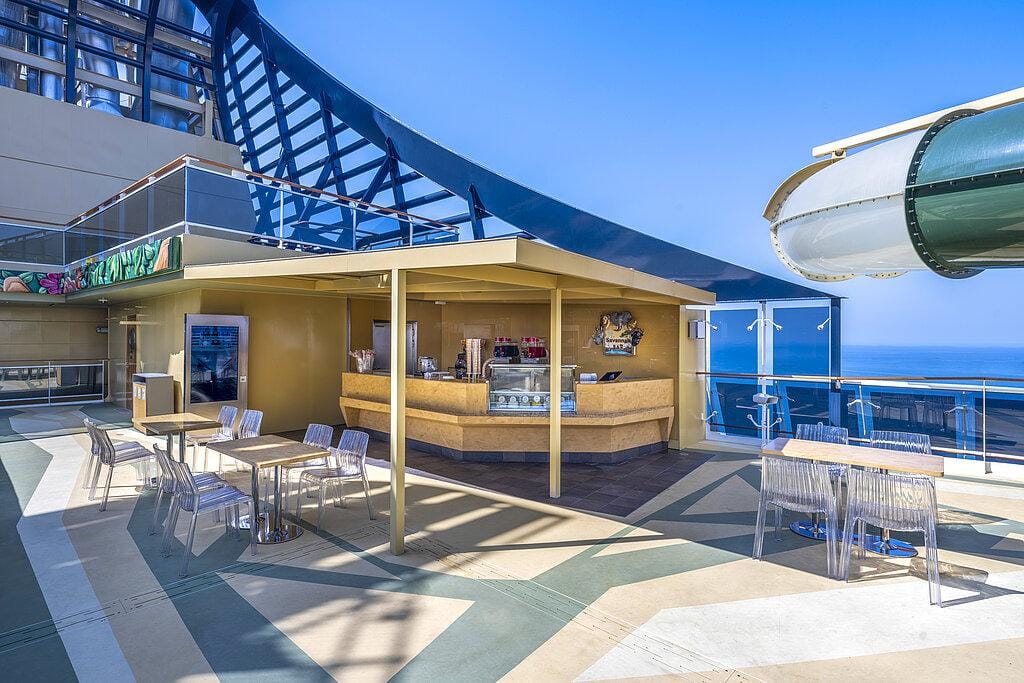 Überdachte Café-Terrasse auf Kreuzfahrtschiff mit Meerblick, klarer blauer Himmel.