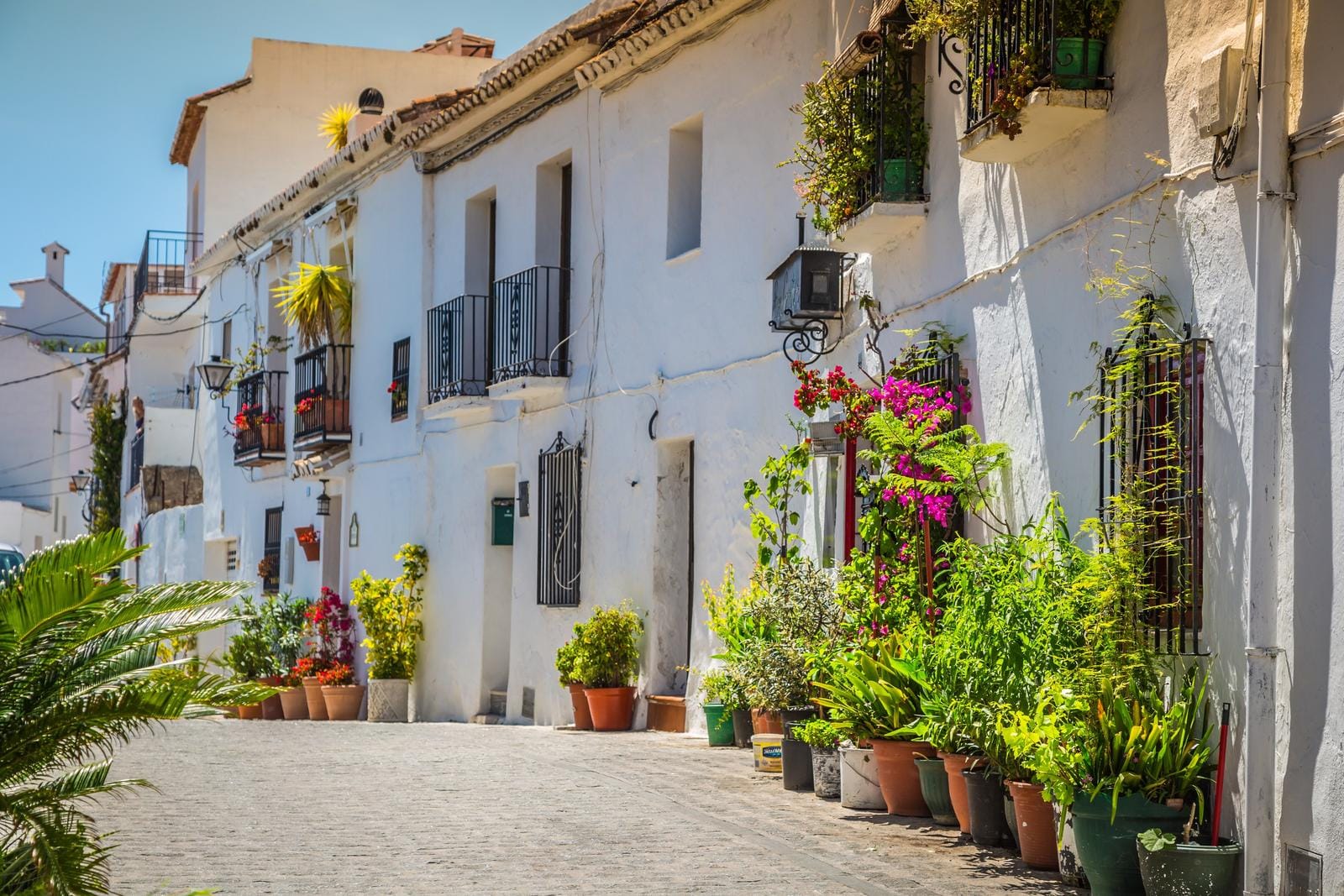 Weiße Häuserfassade in Spanien mit bunten Blumen und Pflanzen in Terrakottatöpfen.
