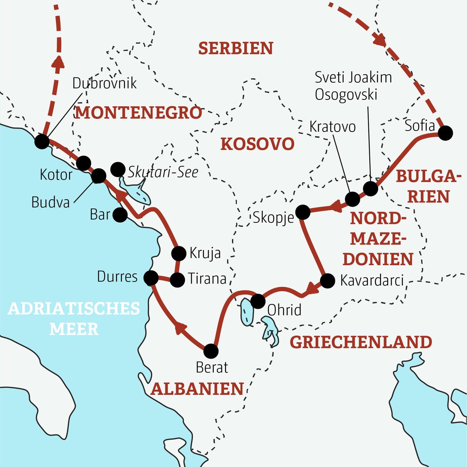 Nordmazedonien-Albanien–Montenegro_Routenkarte