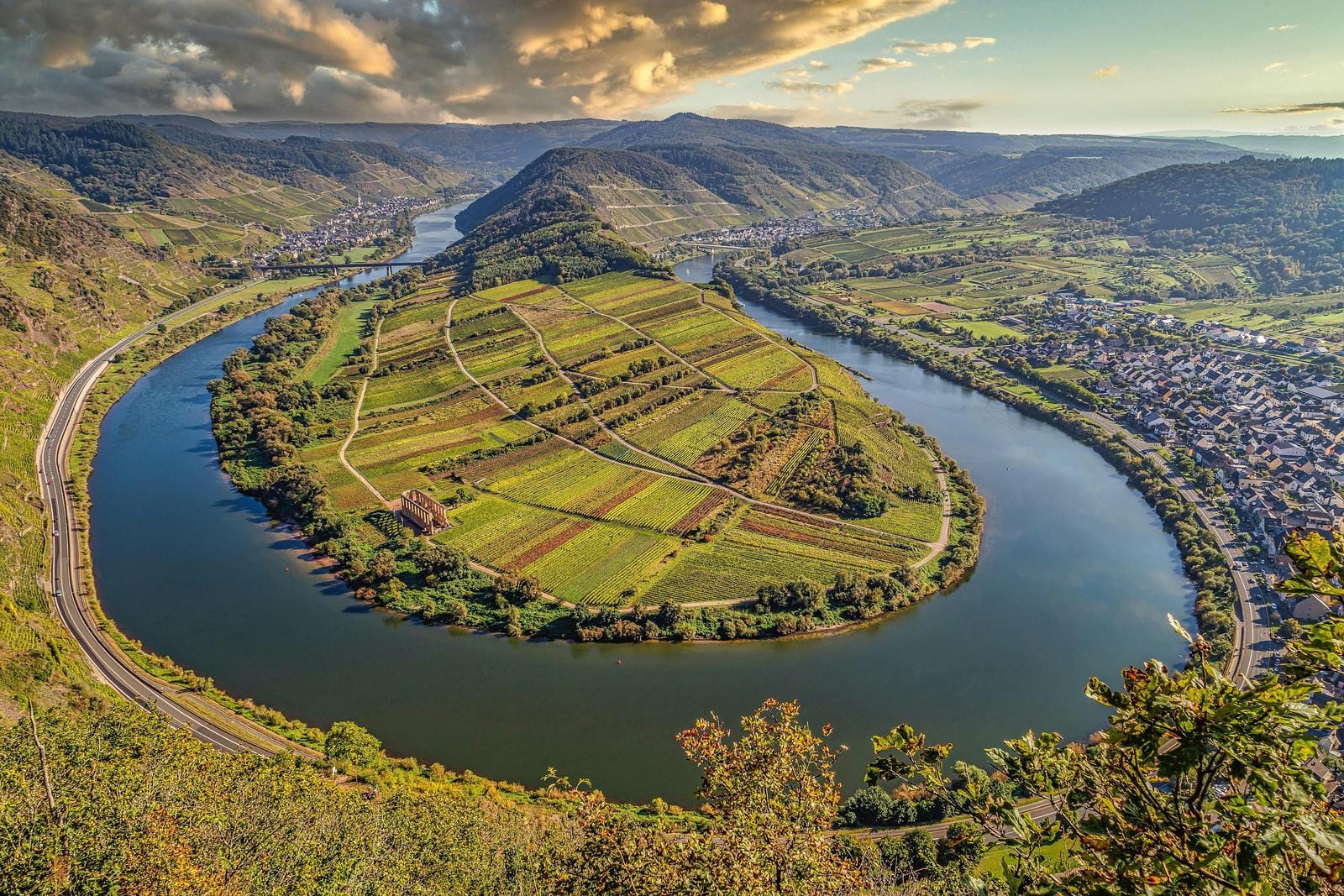 Atemberaubender Ausblick auf eine Moselschleife bei Bremm, umgeben von Weinbergen und Natur.