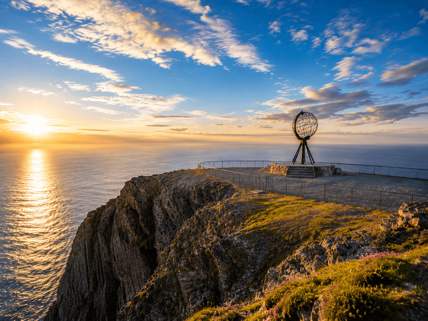 Nordkap, Norwegen: Globus-Skulptur auf Klippe bei Sonnenuntergang über der Barentssee.