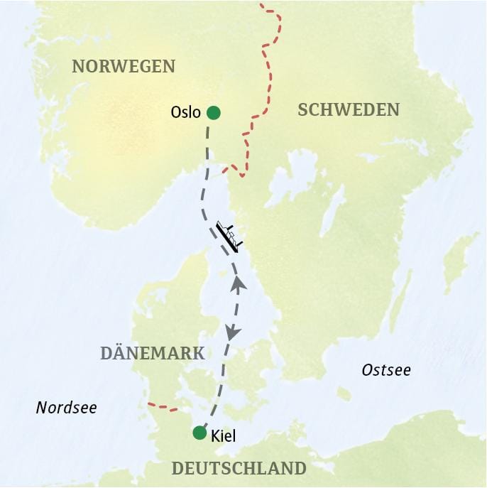 Karte zeigt Fährroute zwischen Oslo, Norwegen, und Kiel, Deutschland auf der Ostsee.