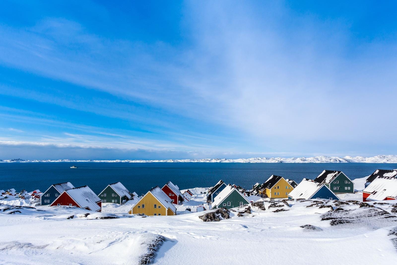 Bunte Häuser im Schnee vor blauem Meer und Himmel in Grönland.