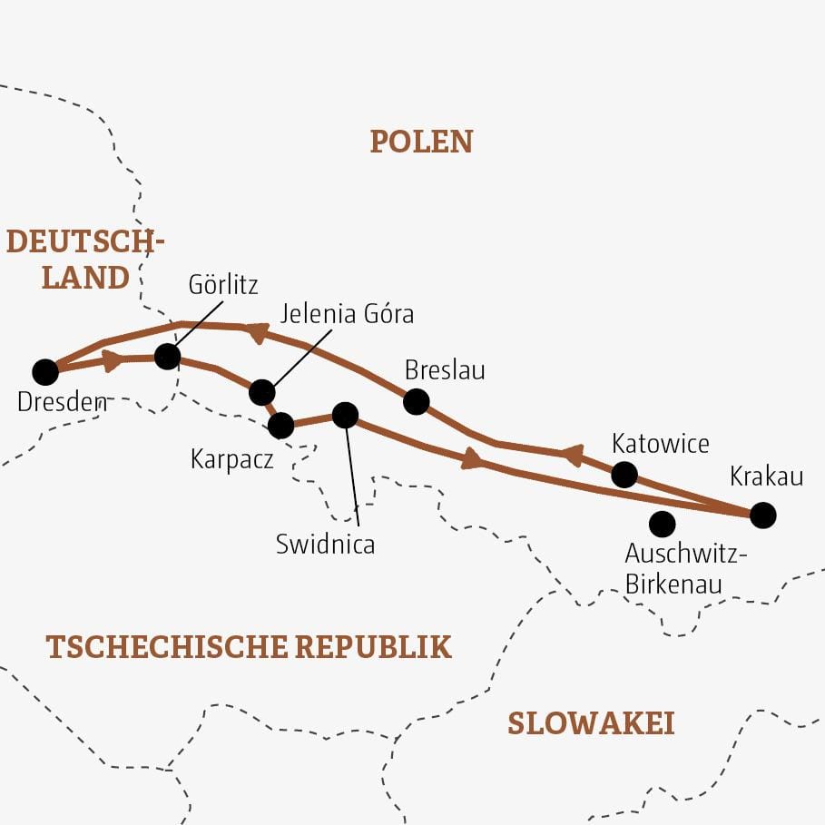 Karte zeigt Route von Dresden nach Krakau über Breslau und Katowice.