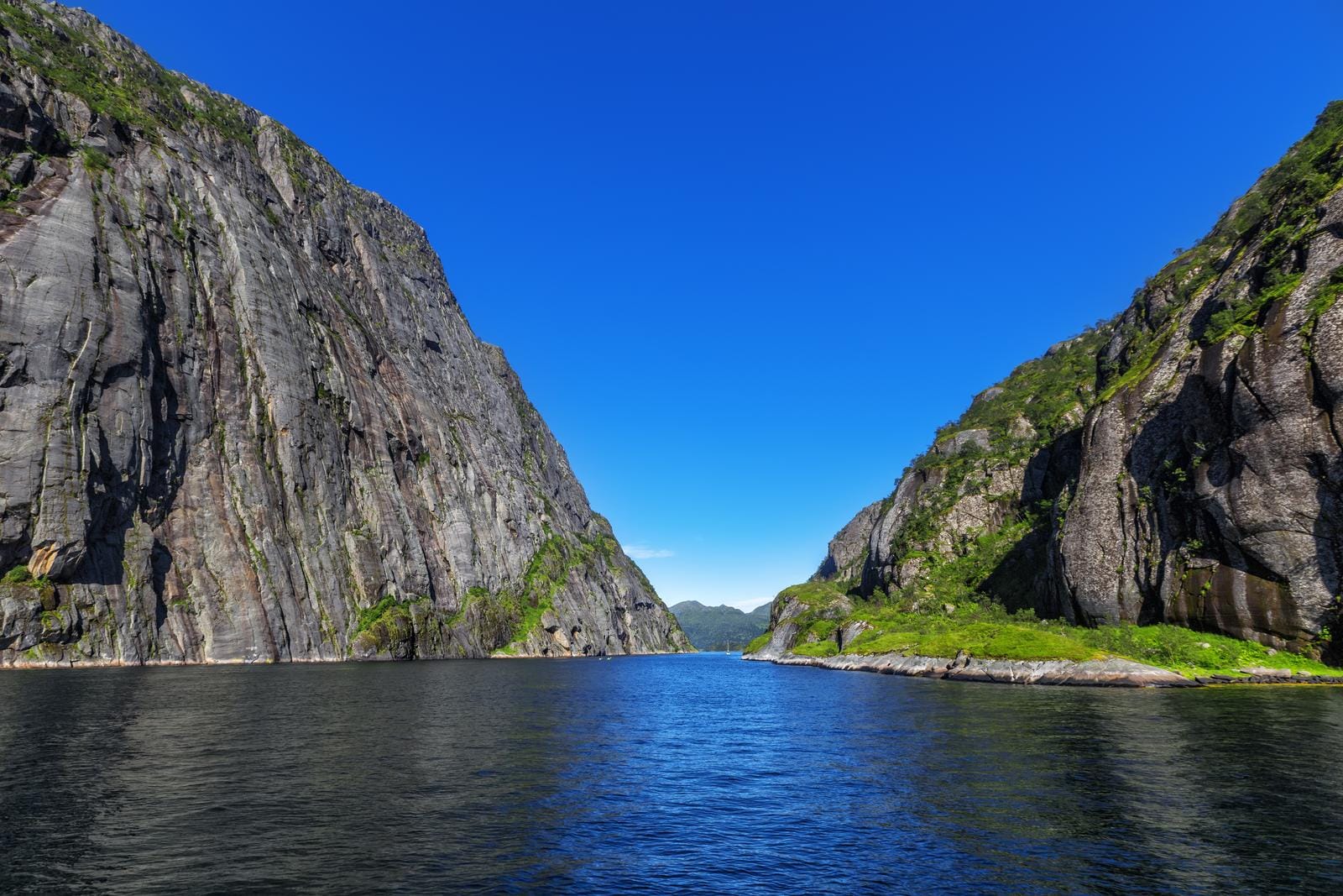 Steiler norwegischer Fjord unter klarem, blauem Himmel; üppiges Grün an den Felsen.