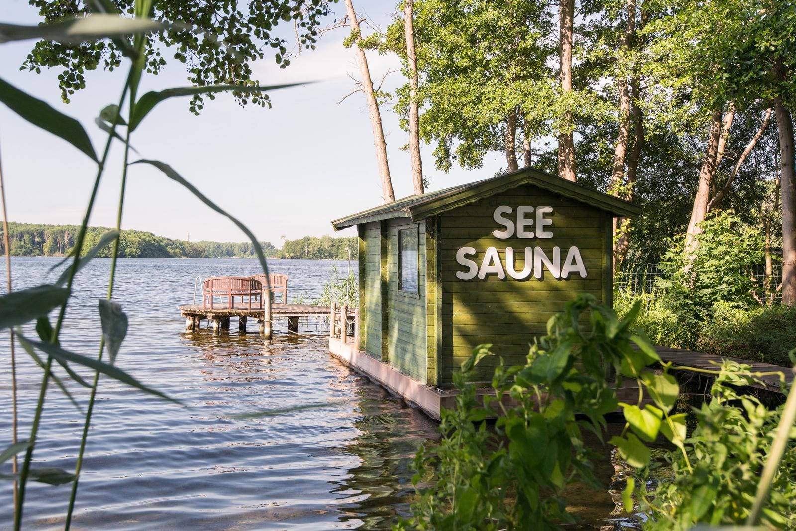 Sauna am See mit Holzterrasse, umgeben von Bäumen, entspannte Sommeratmosphäre.
