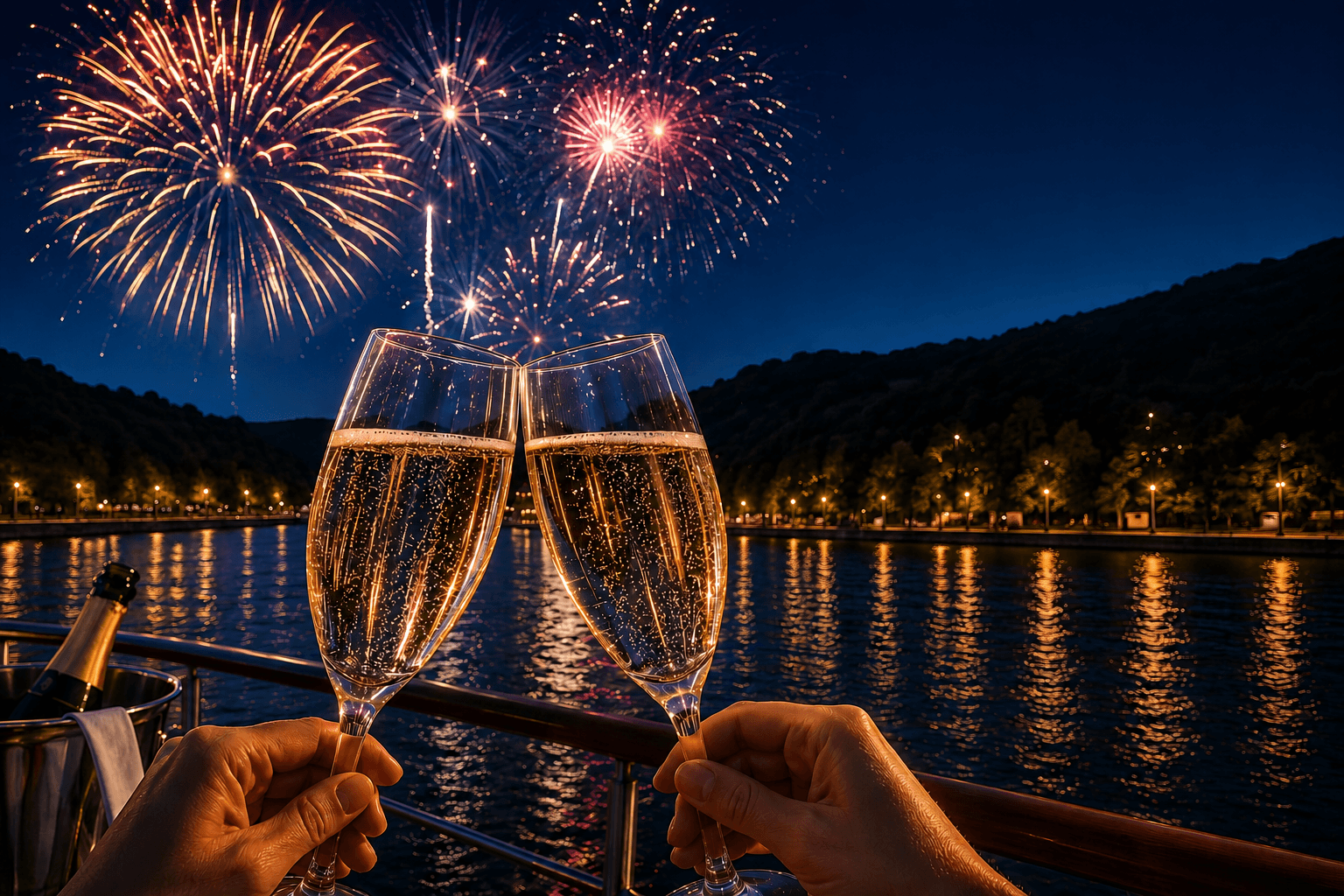 Zwei Sektgläser stoßen an, Feuerwerk über einem Fluss bei Nacht, romantische Stimmung.