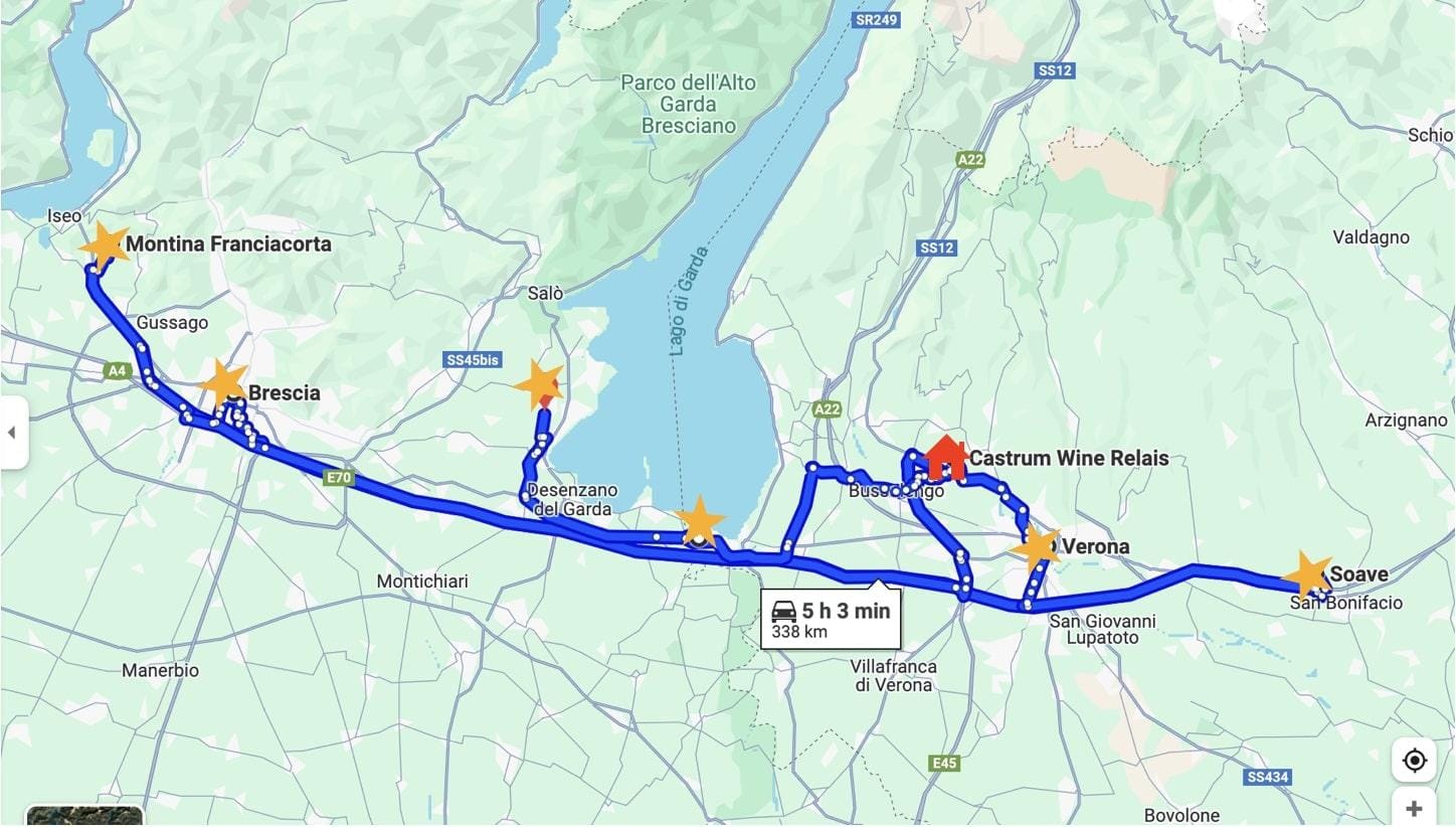 Karte zeigt Route in Norditalien, von Iseo über Brescia nach Soave, mit Stopps in Verona.