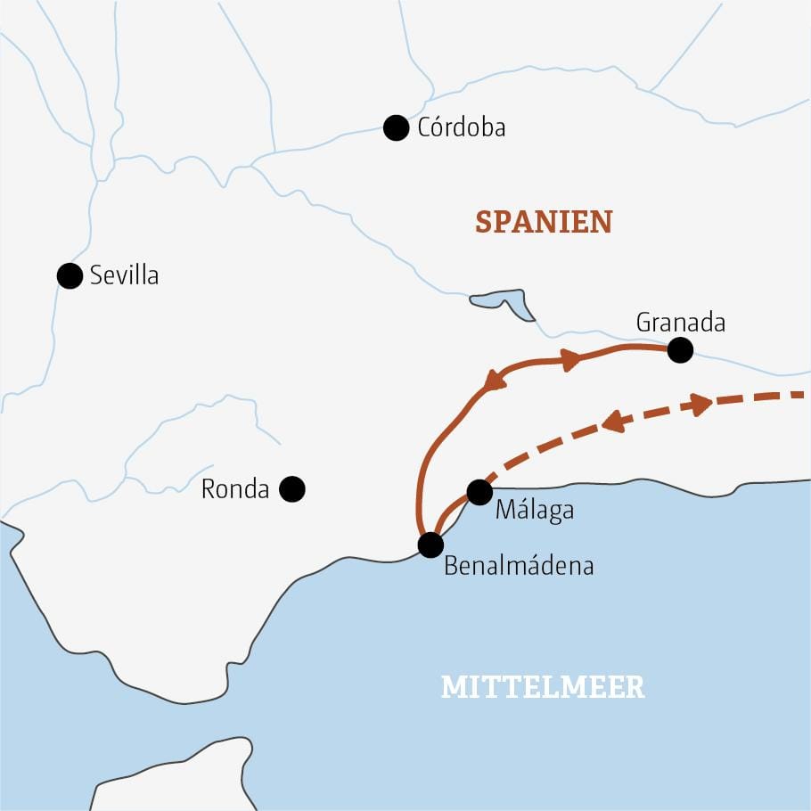 Karte von Südspanien mit Städten Sevilla, Córdoba, Granada, Málaga und Ronda.
