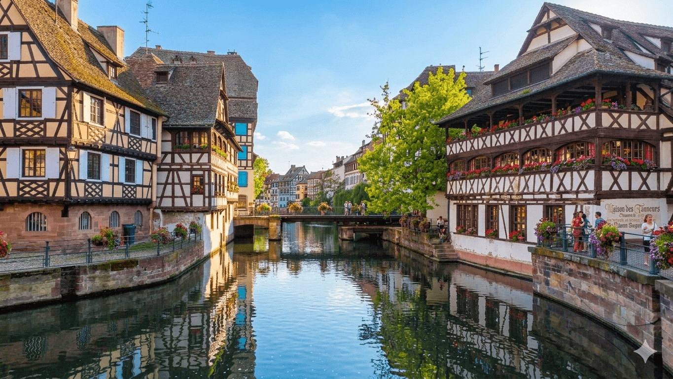 Fachwerkhäuser am Kanal in Straßburg, Frankreich, bei sonnigem Wetter.