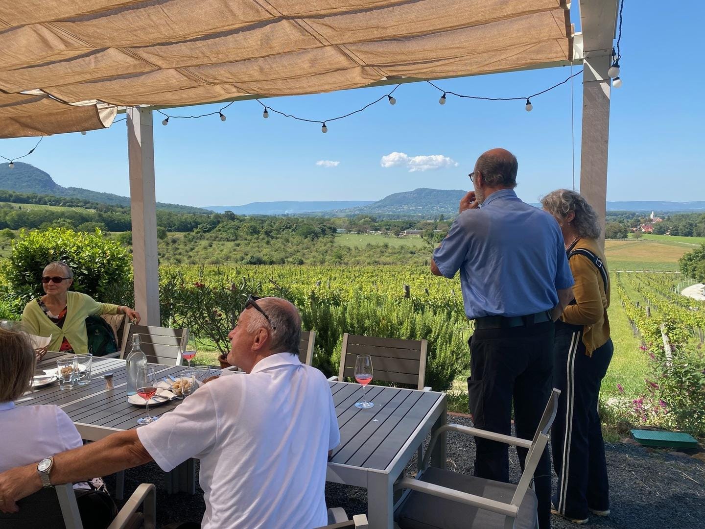 Terrasse mit Blick auf ungarische Weinberge, blauem Himmel und fernen Hügeln.