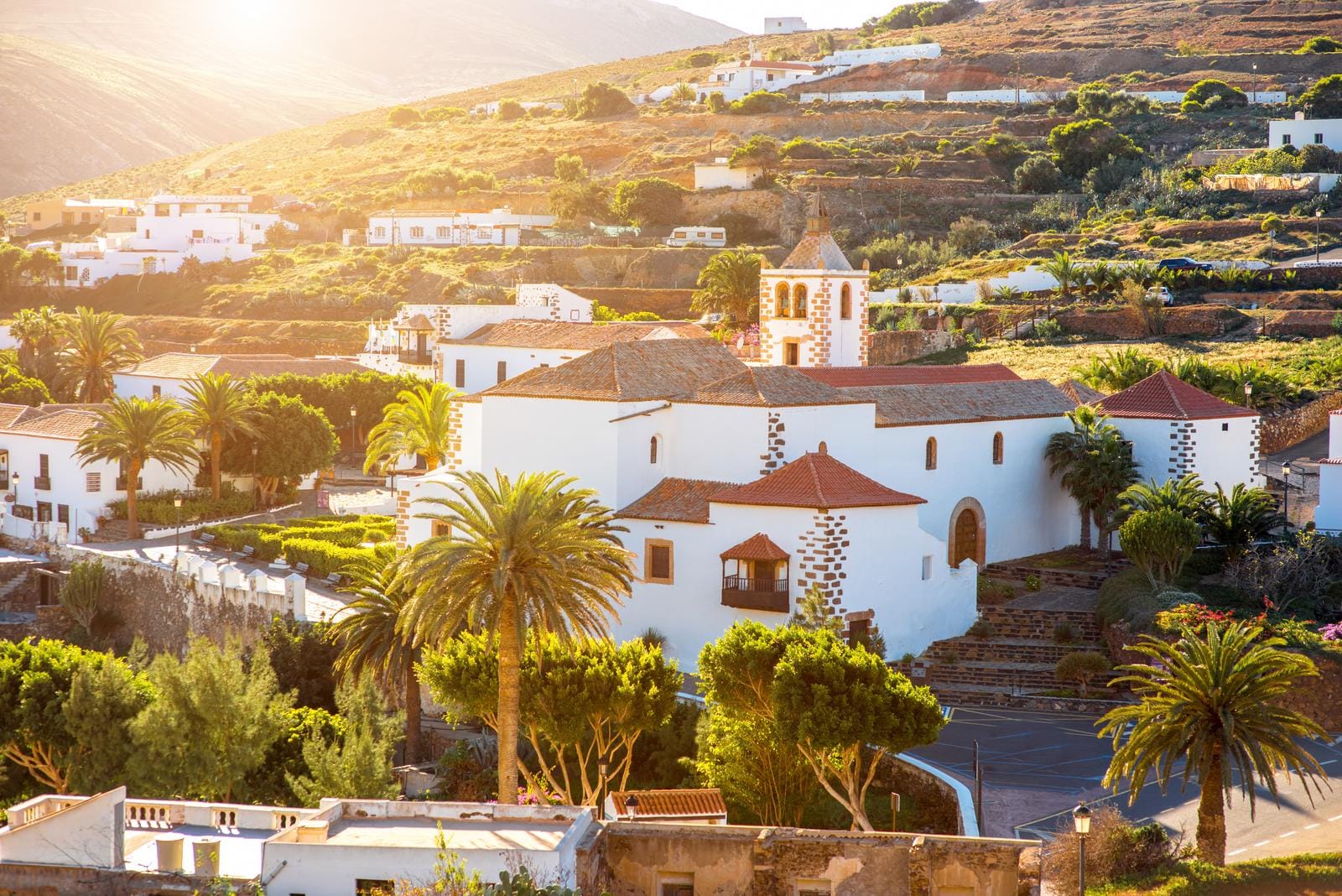 Blick auf eine sonnige Landschaft mit weißer Kirche und Palmen auf Fuerteventura.