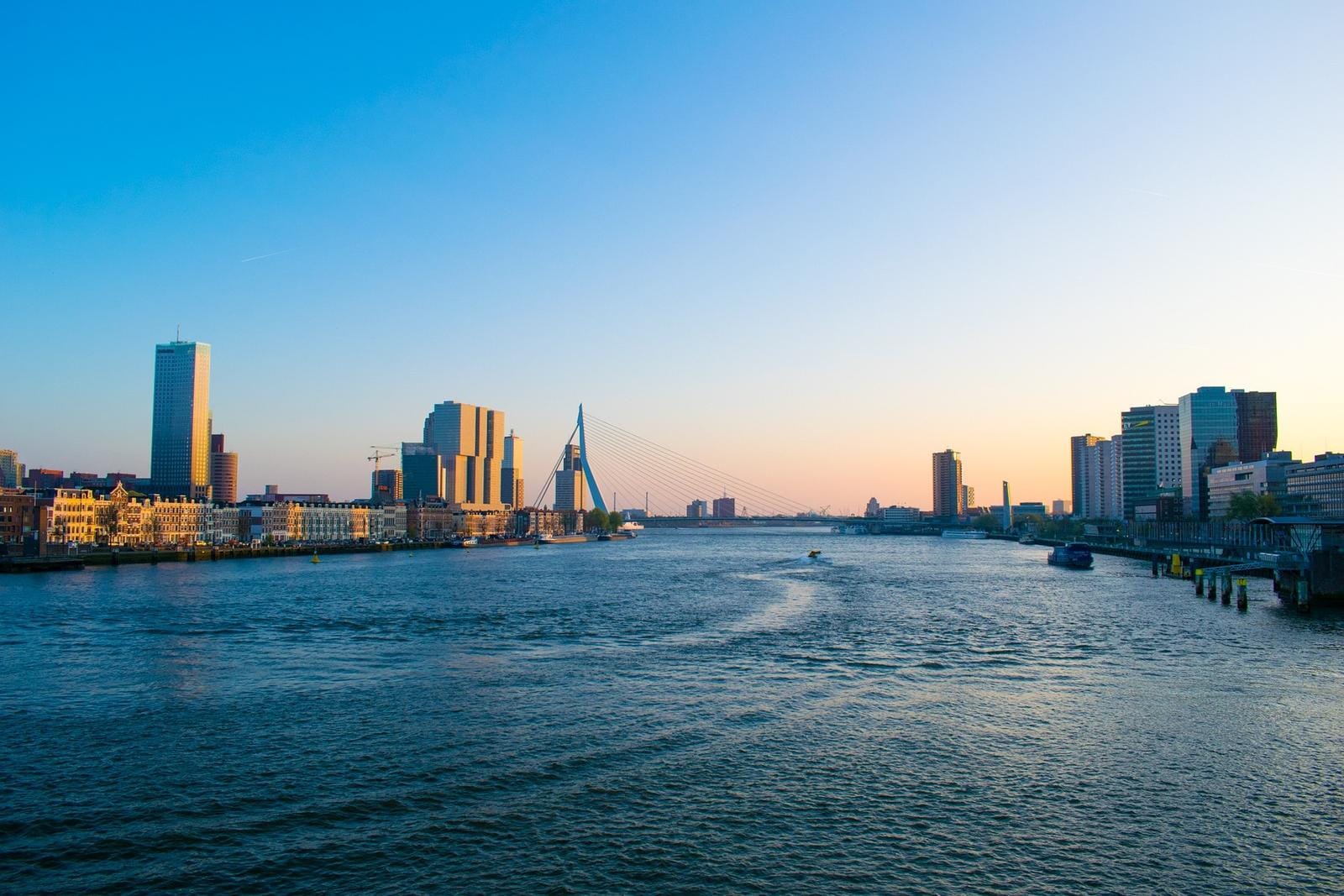 Panorama von Rotterdam mit dem ikonischen Erasmusbrücke bei Sonnenuntergang entlang des Flusses.