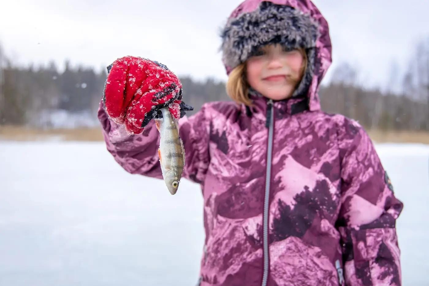 Kind in pinkem Anzug hält kleinen Fisch im Schnee mit roten Fäustlingen.