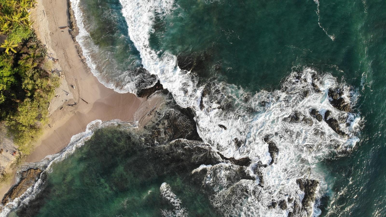 Drohnenaufnahme eines Strandes mit Wellen und grüner Vegetation.