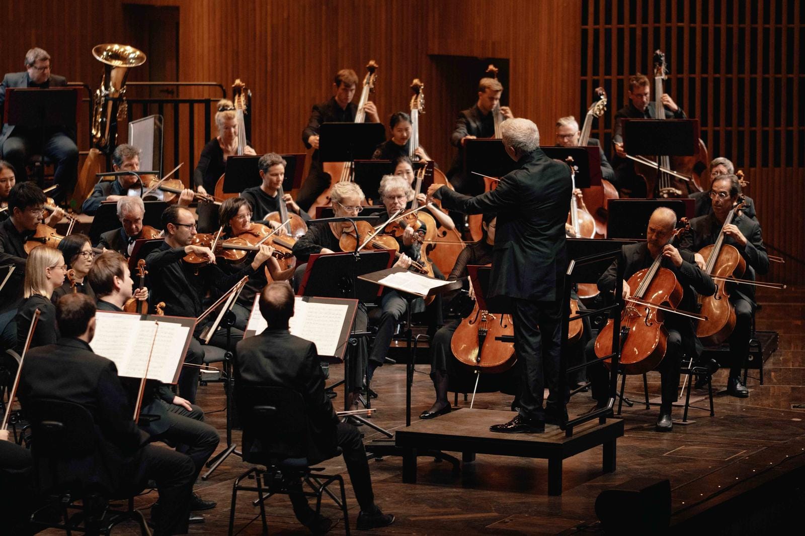 Ein Orchester spielt in einem Konzertsaal mit Holzverkleidung.