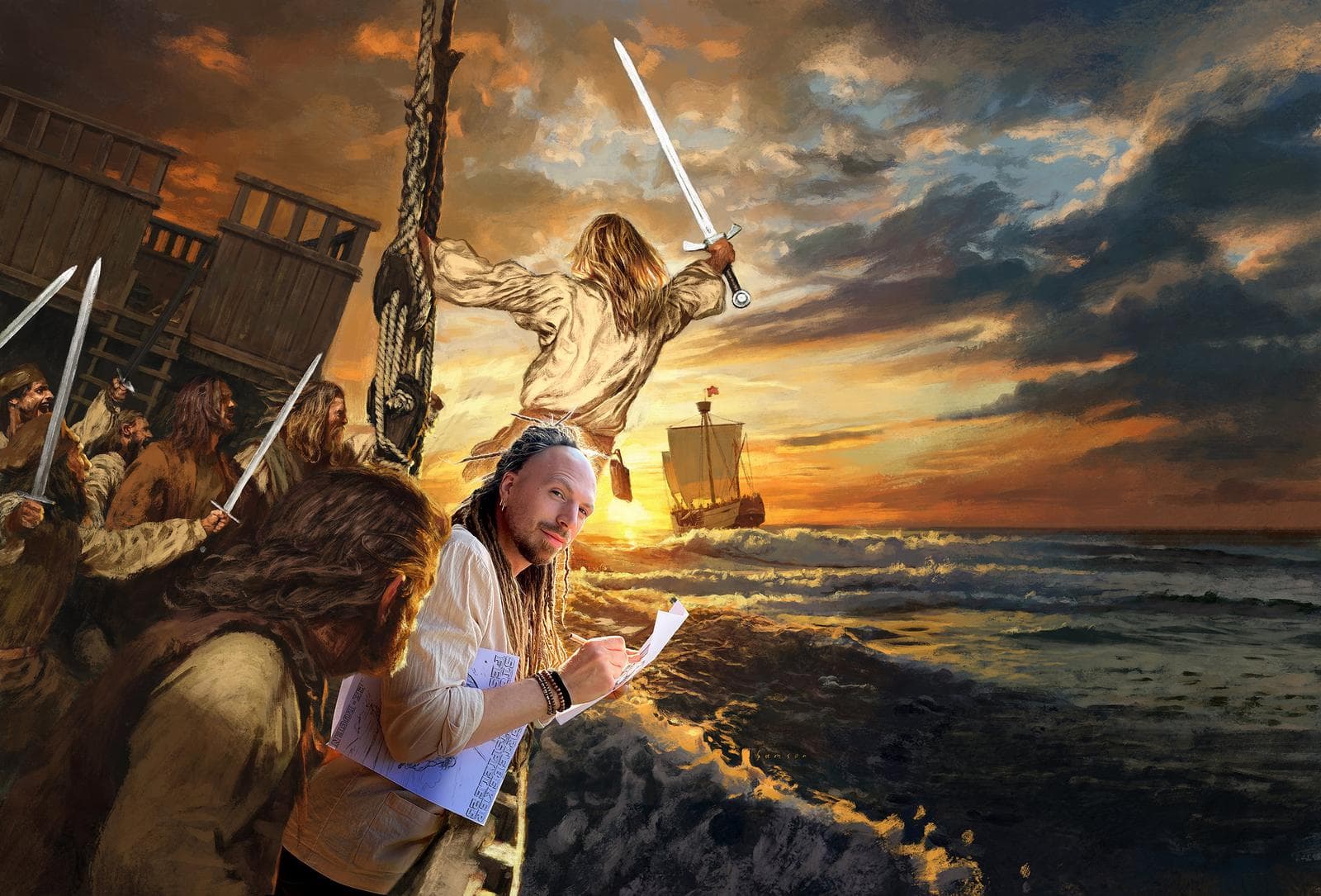 Ein Wikingerschiff segelt in den Sonnenuntergang, umgeben von Kriegern mit Schwertern.