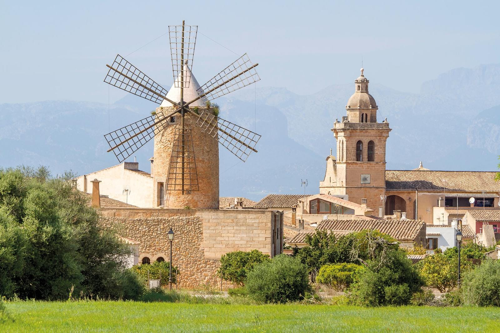 Windmühle und Kirche in Santanyi, Mallorca, vor Bergkulisse und grünem Feld.