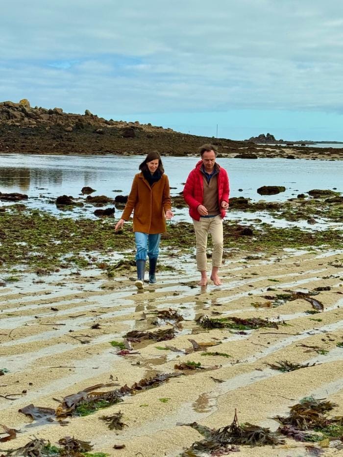 Ein Paar spaziert bei Ebbe über eine mit Algen bedeckte Küstenlandschaft.