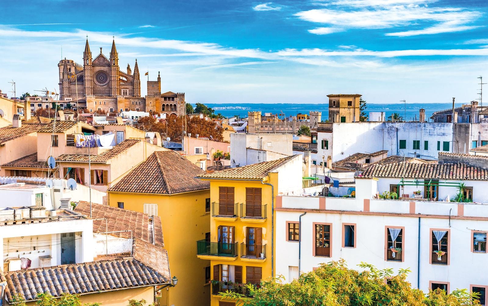 Altstadt von Palma de Mallorca mit Kathedrale La Seu vor blauem Himmel und Meer.