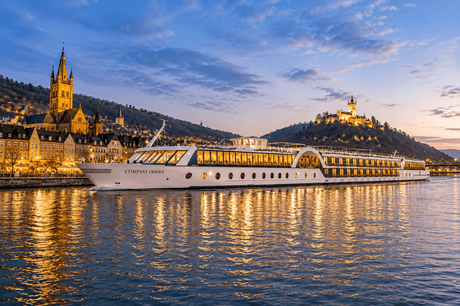 Flusskreuzfahrtschiff vor malerischer Stadtansicht, illuminierte Festung im Hintergrund.