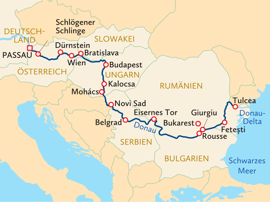 Karte der Donau mit Städten von Passau bis Tulcea, zeigt Flussverlauf und Ländergrenzen.