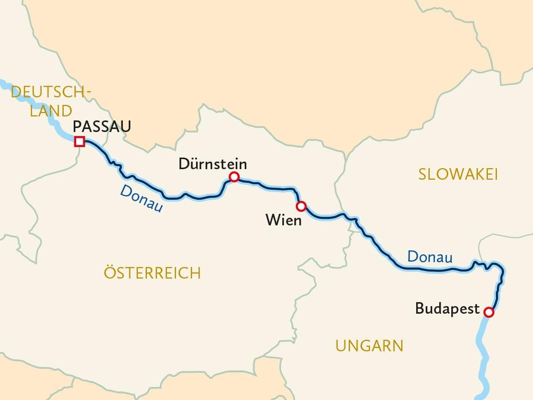 Karte der Donau-Route von Passau nach Budapest durch Deutschland, Österreich, Ungarn.