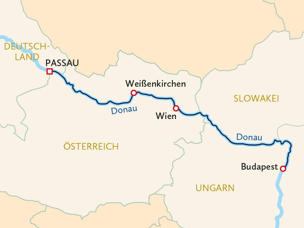 Karte der Donau-Route von Passau bis Budapest durch Deutschland und Ungarn.