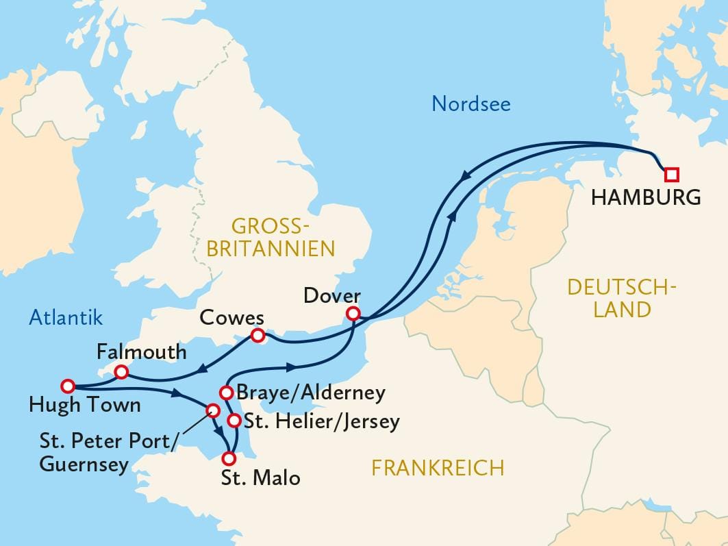Seekarte mit Reiseroute von Hamburg nach Großbritannien und Frankreich.