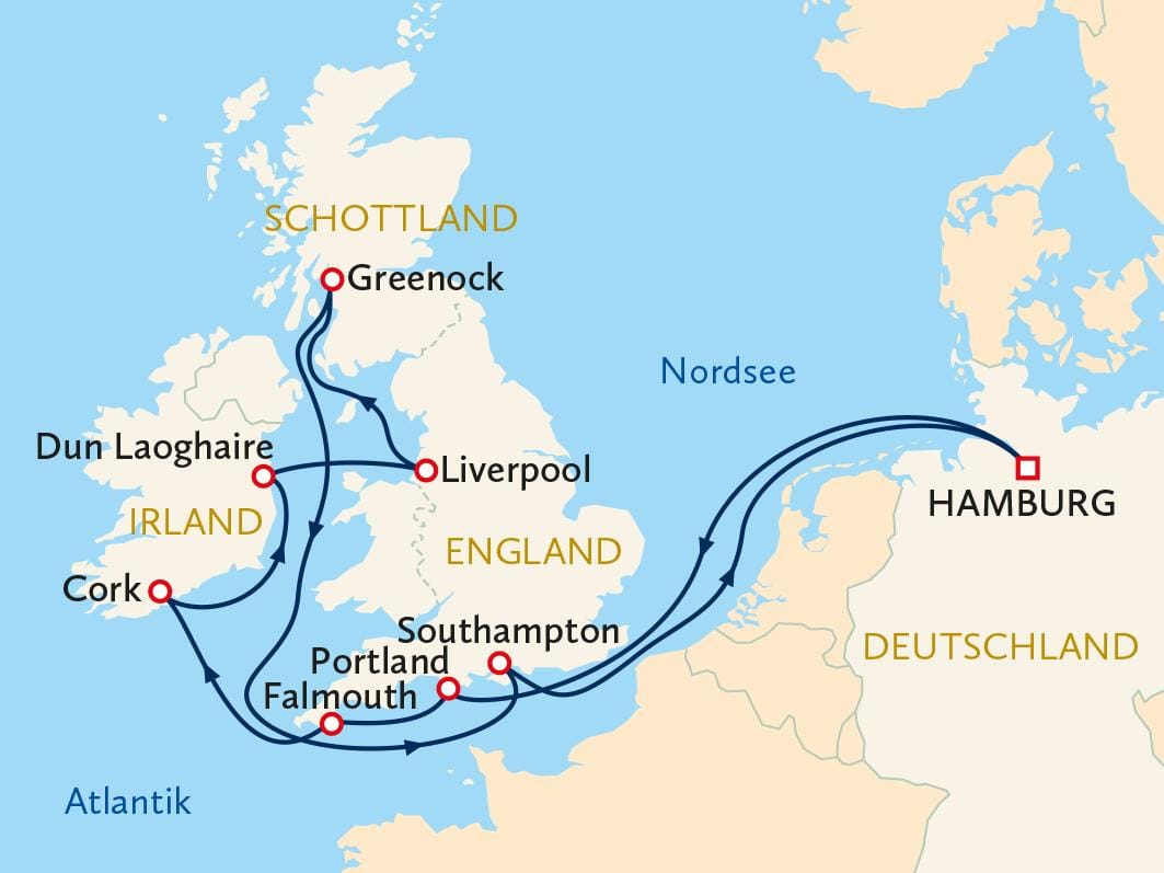 Kreuzfahrtkarte: Route von Hamburg nach England, Irland und Schottland ĂĽber Nordsee.