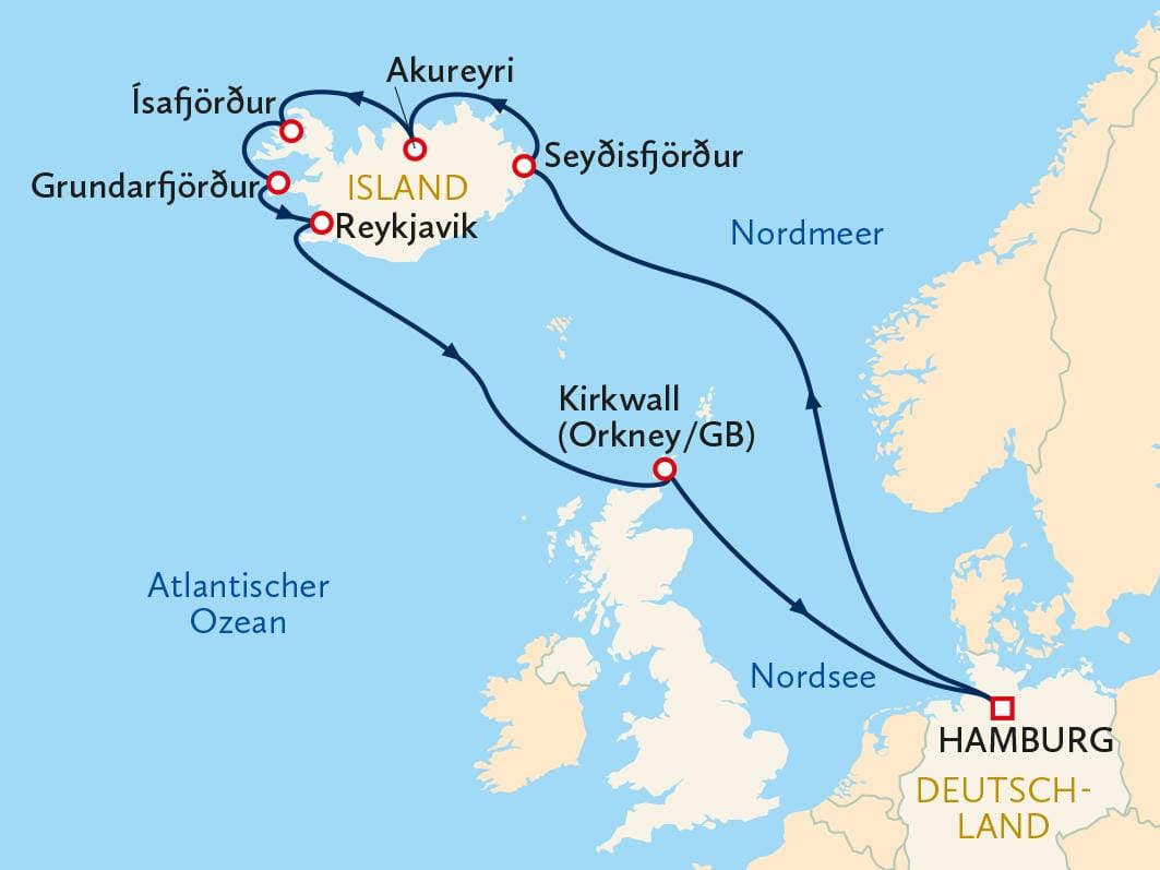 Kreuzfahrt-Karte von Hamburg zu isländischen Häfen durch Nord- und Atlantiksee.