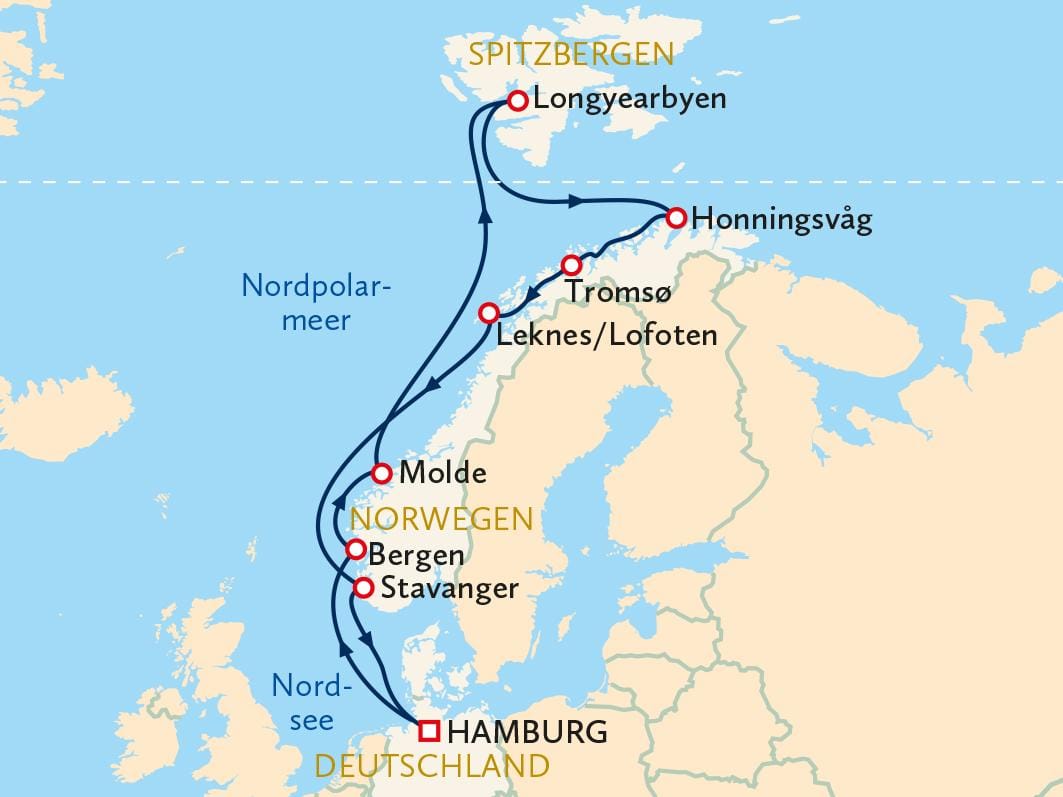 Kreuzfahrtkarte: Route von Hamburg über Norwegen nach Spitzbergen durch die Nordsee.