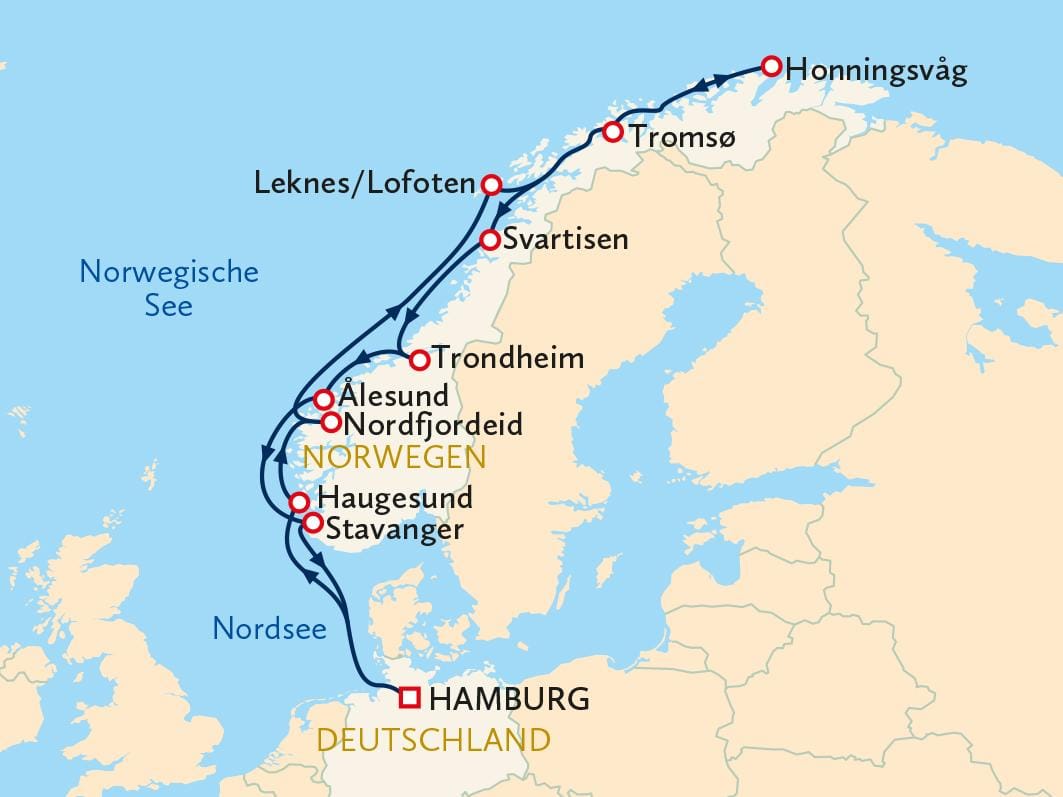 Kreuzfahrtroute von Hamburg zu norwegischen Städten wie Tromsø und Honningsvåg.