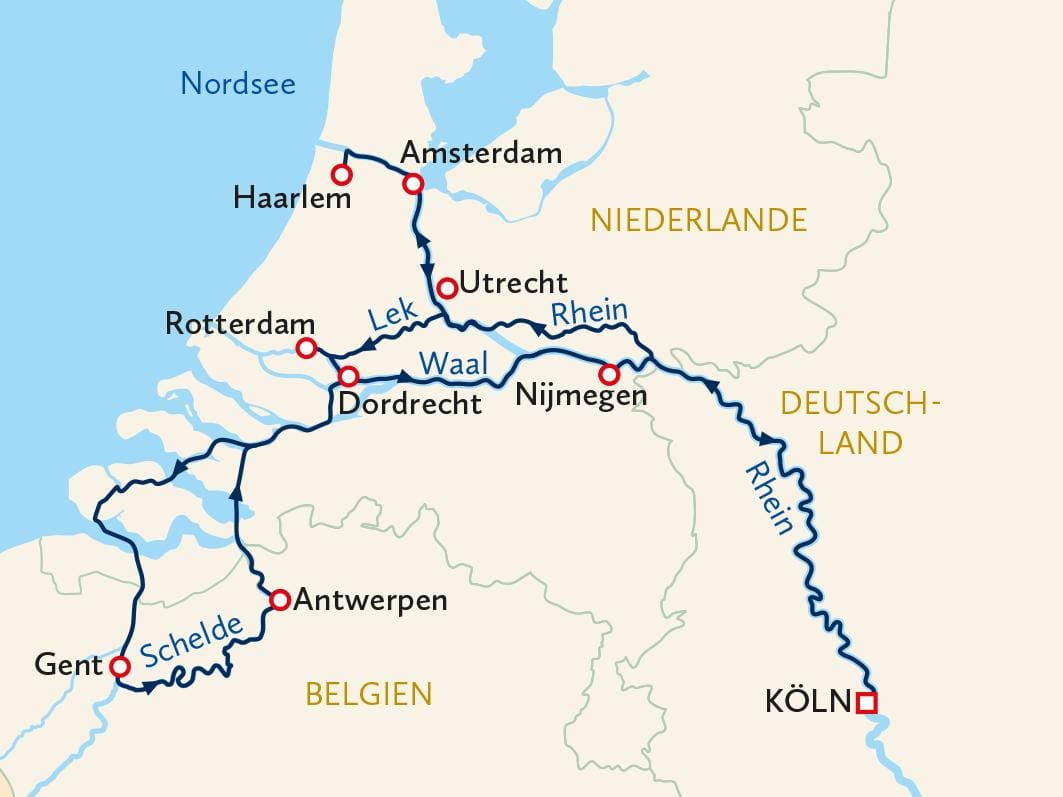 Karte zeigt Flüsse und Städte in Niederlande und Deutschland, u.a. Amsterdam, Köln.