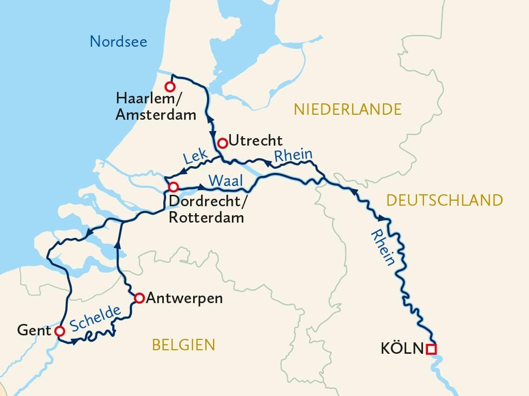 Karte der Flüsse in Nordwesteuropa mit Städten wie Köln, Utrecht und Antwerpen.