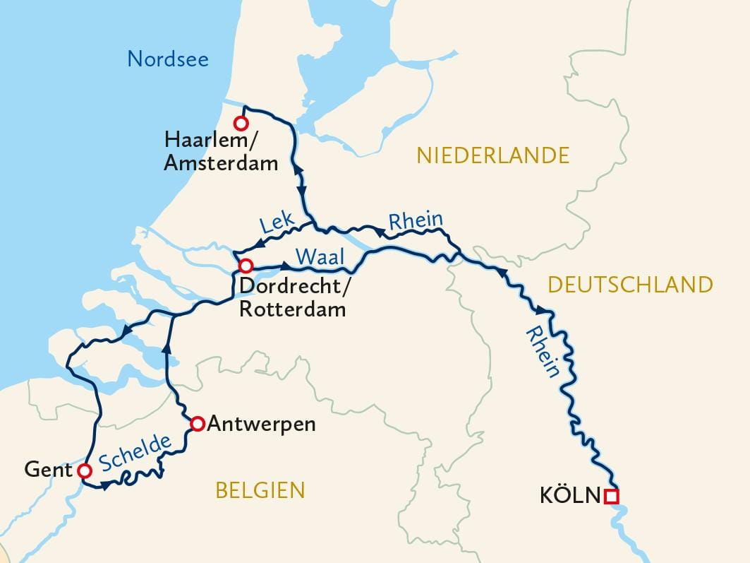 Karte mit Flussverläufen von Rhein und Schelde durch Belgien, Niederlande, Deutschland.