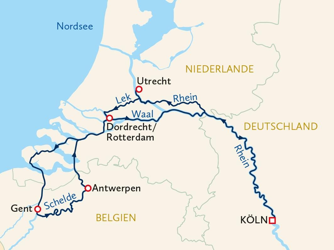 Karte zeigt Flüsse und Städte in Deutschland, Niederlande, Belgien: Köln, Utrecht, Gent.