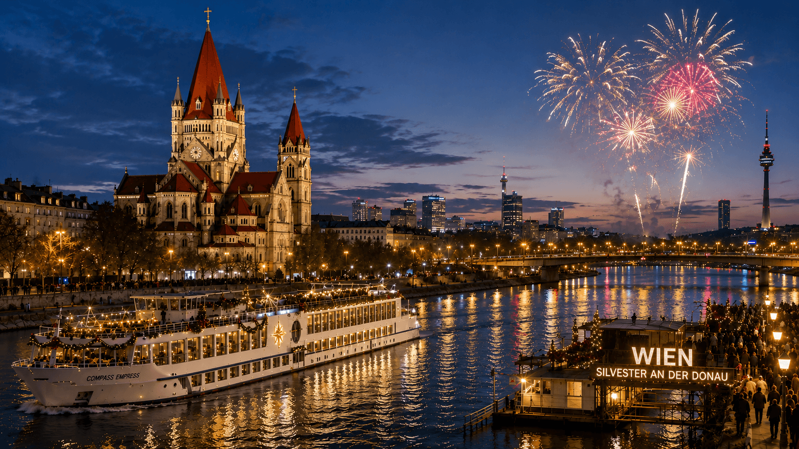 Wien bei Nacht, festliche Beleuchtung, Feuerwerk über der Donau und beleuchtete Kirche.