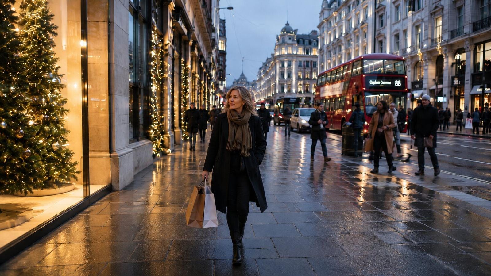 Weihnachtlich geschmückte Straße in London mit rotem Doppeldeckerbus bei Abenddämmerung.
