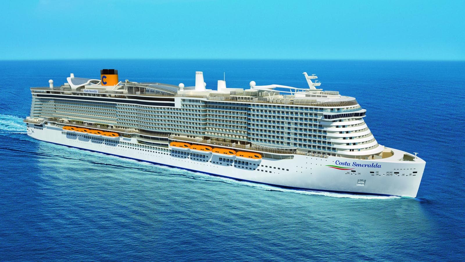Kreuzfahrtschiff Costa Smeralda auf offenem Meer unter klarem, blauem Himmel.