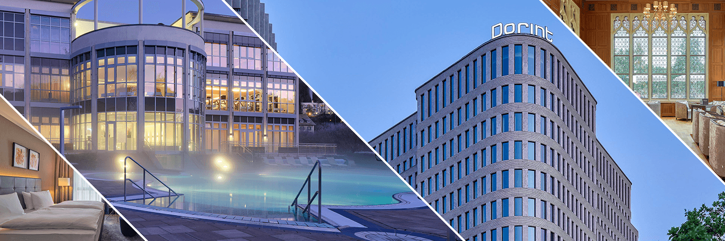 Modernes Hotelzimmer mit Doppelbett, stilvolle Lobby, Pool bei Dämmerung, Fensterfront.